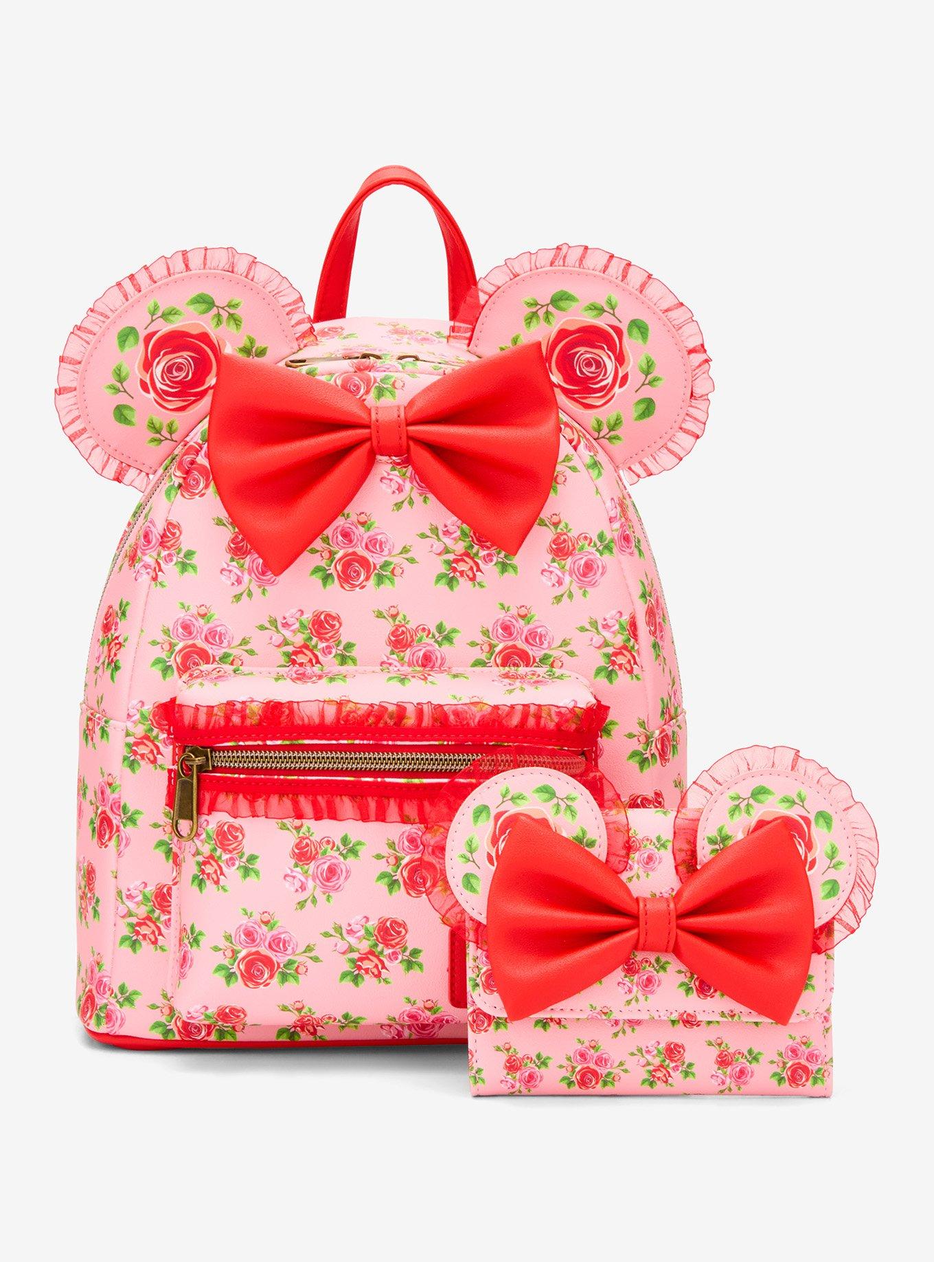 Billetera mini con solapa Minnie Mouse, rosas rosadas y rojas