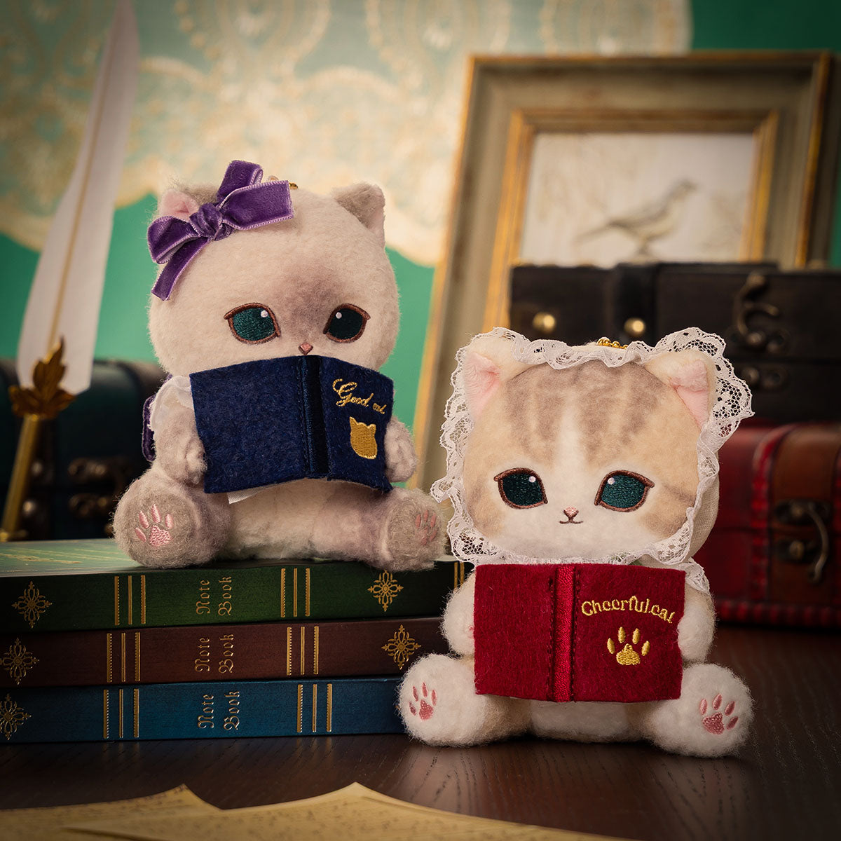Peluche mofusand gato siamés lector