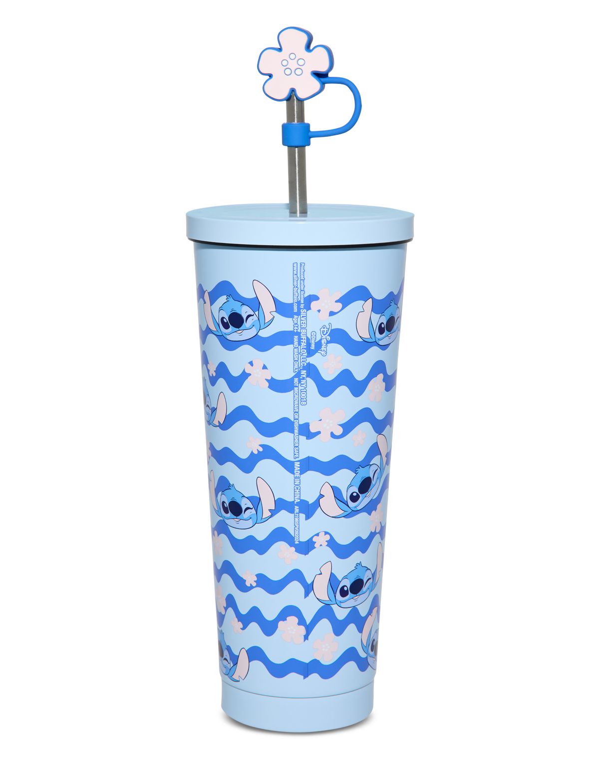 Vaso floral de Stitch con bombilla y adorno, 24 oz