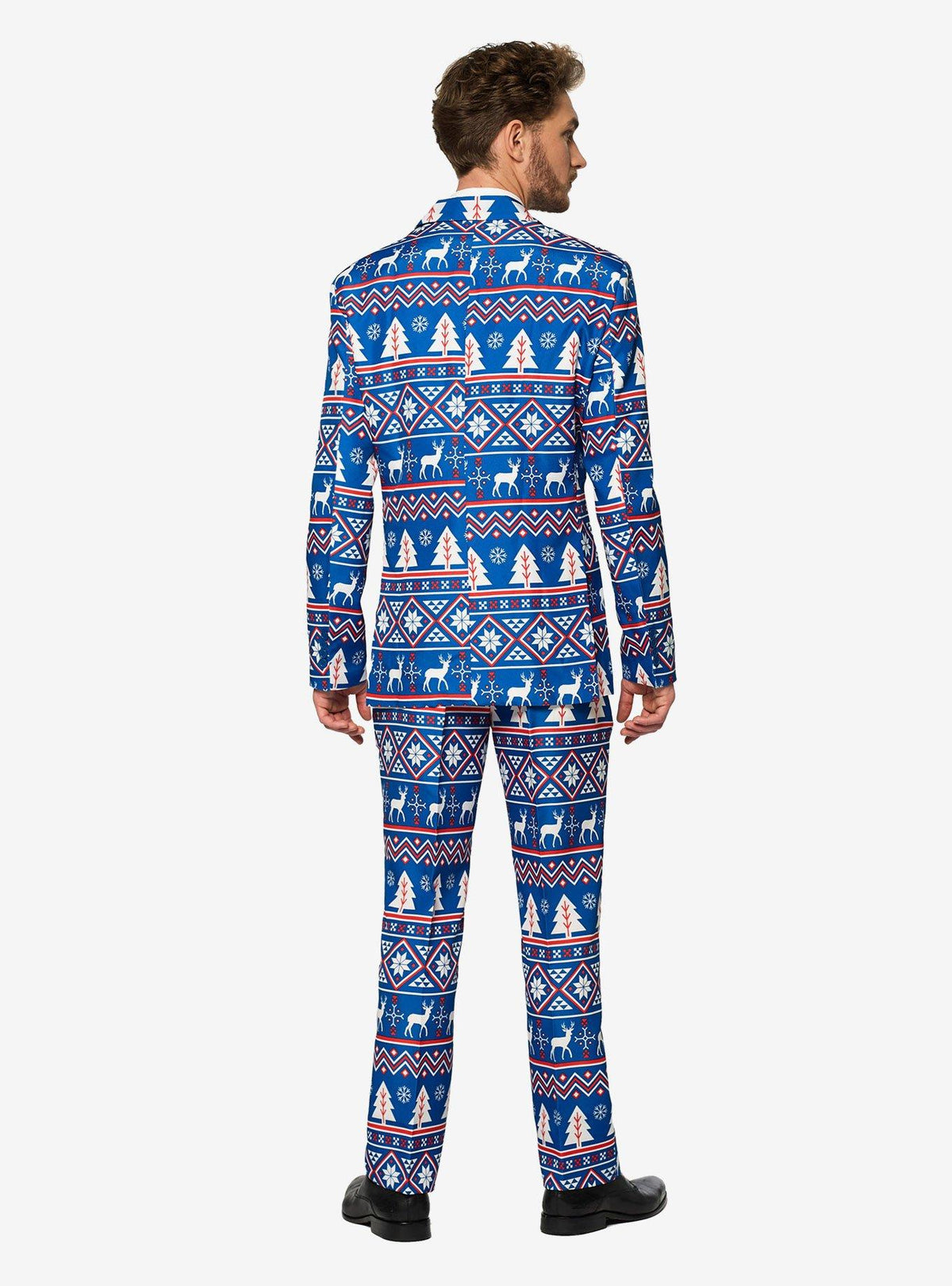 Traje navideño azul con diseño nórdico