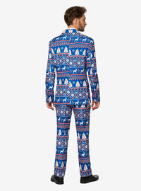 Traje navideño azul con diseño nórdico