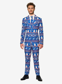 Traje navideño azul con diseño nórdico