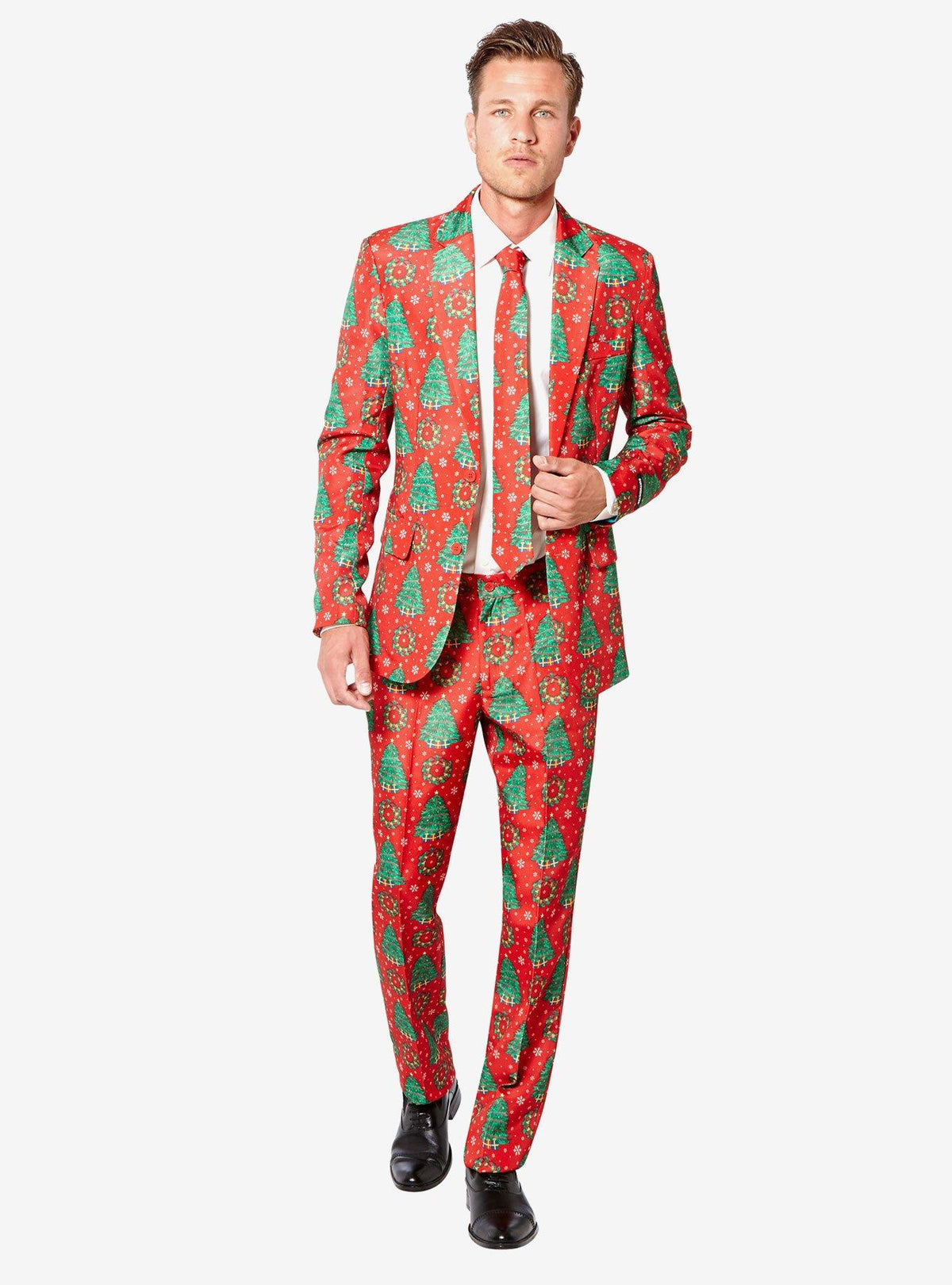 Traje navideño rojo con árboles de Navidad para hombre