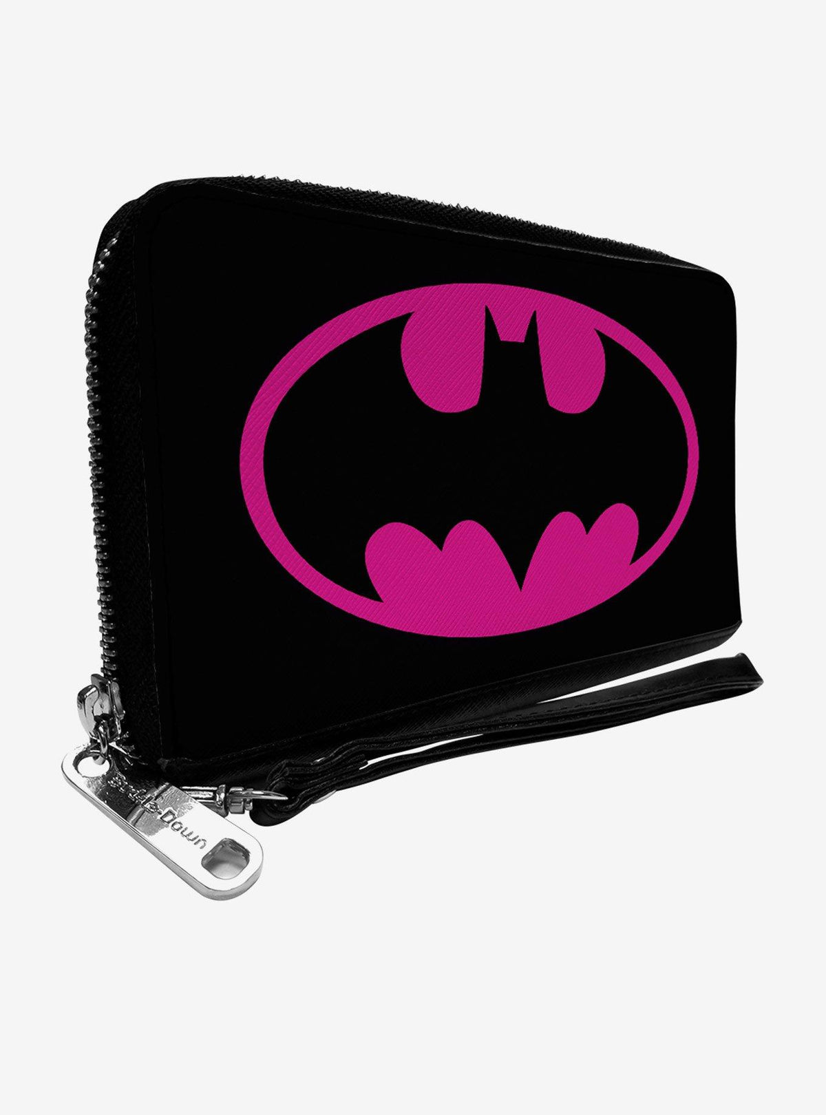 Billetera Batman con cierre perimetral, negra y fucsia