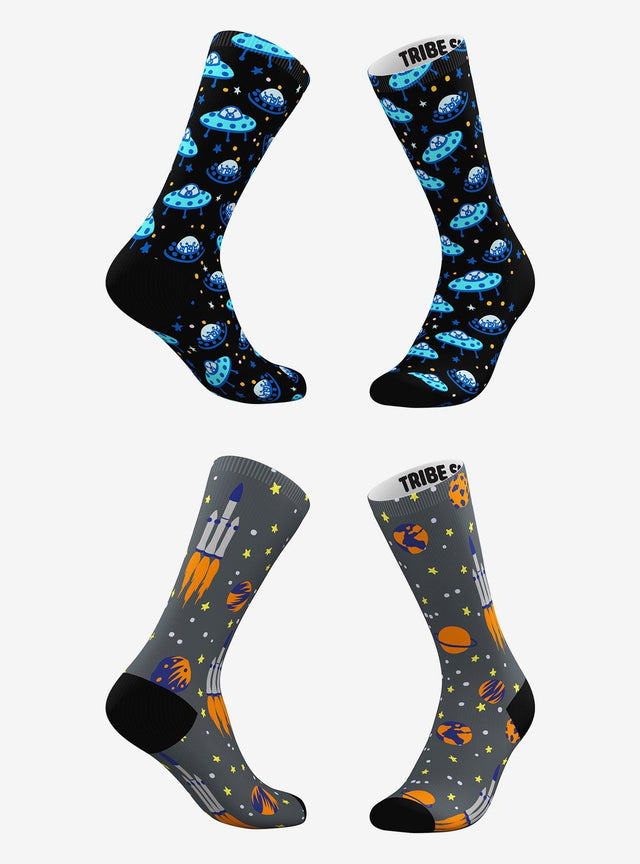 Calcetines OVNI azul y cohete gris, 2 pares