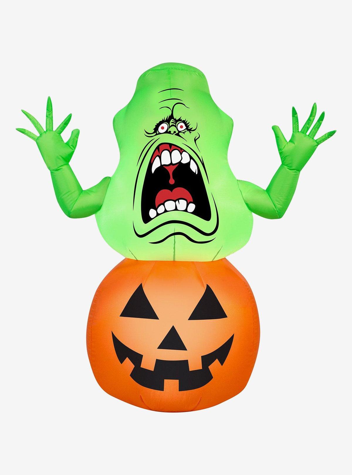 Inflable de Slimer de Ghostbusters sobre una calabaza