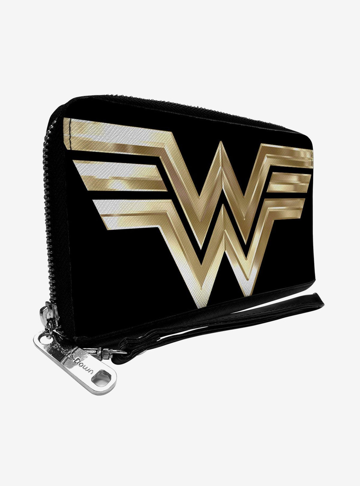 Billetera Wonder Woman 1984 con cierre, negra y dorada