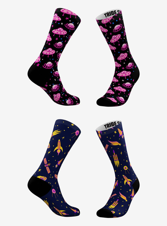 Calcetines rosados de ovnis y cohetes, 2 pares