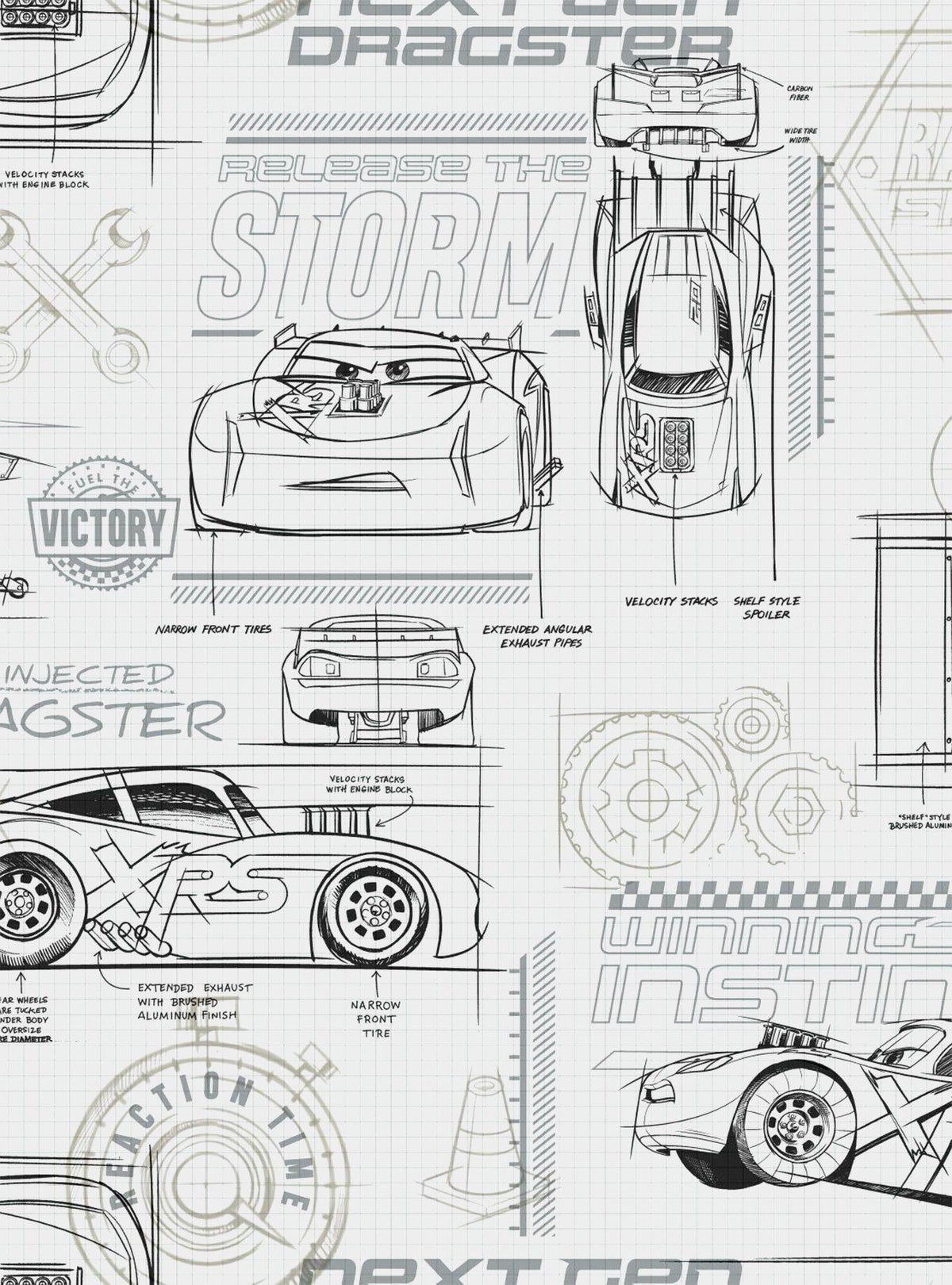 Papel mural autoadhesivo Cars Disney Pixar gris y blanco