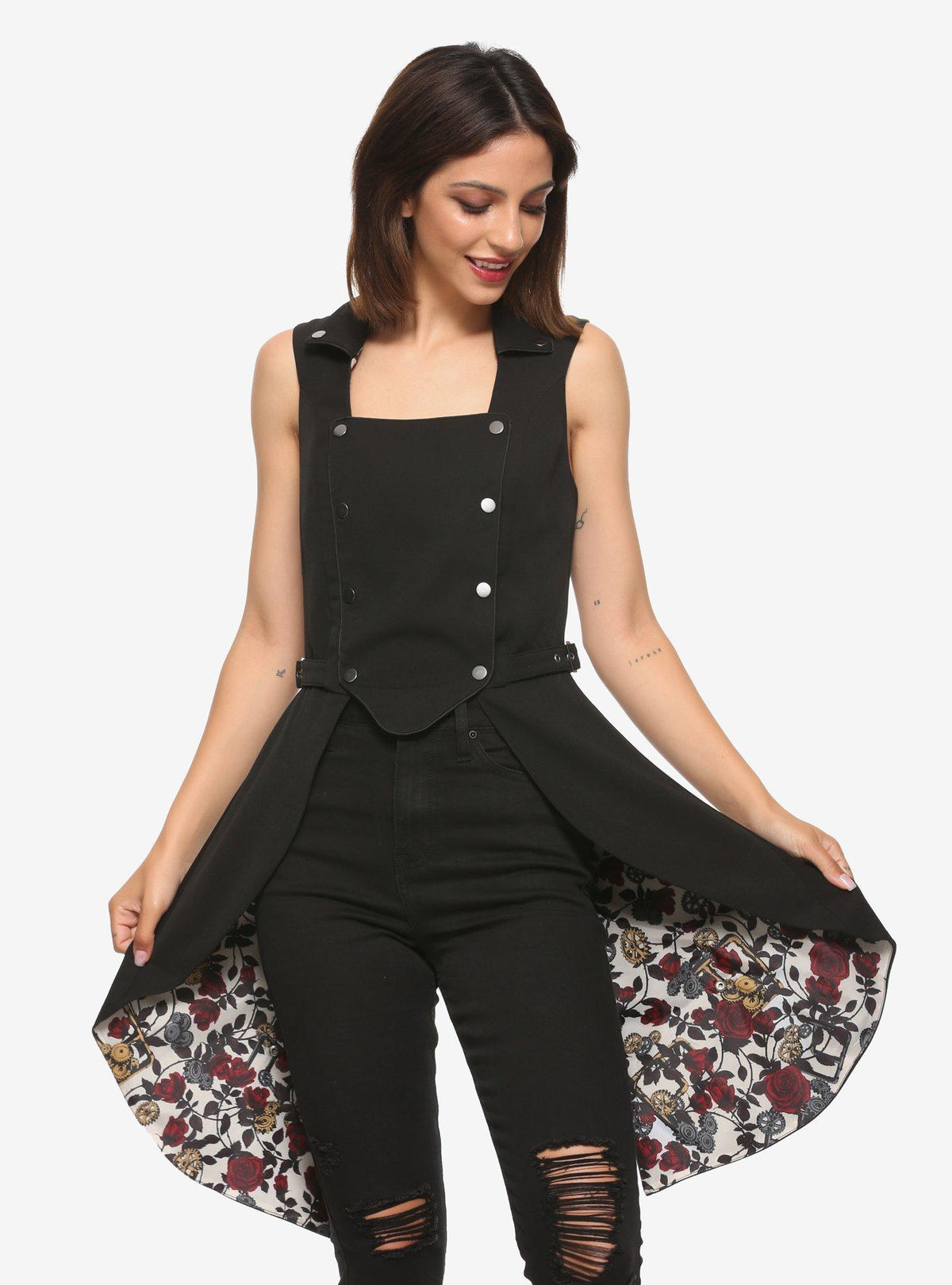 Chaleco negro largo con broches y espalda dividida