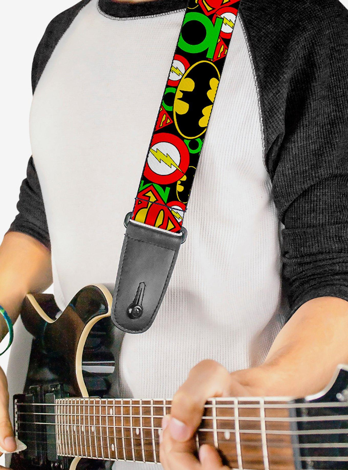 Correa de guitarra Justice League con logos apilados