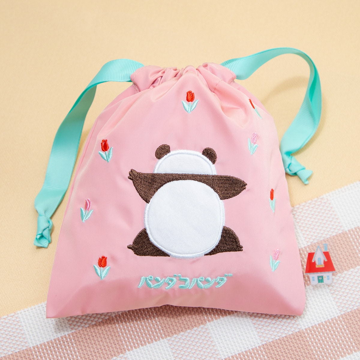¡Panda! Go, Panda! Bolsa bordada rosada con cordón