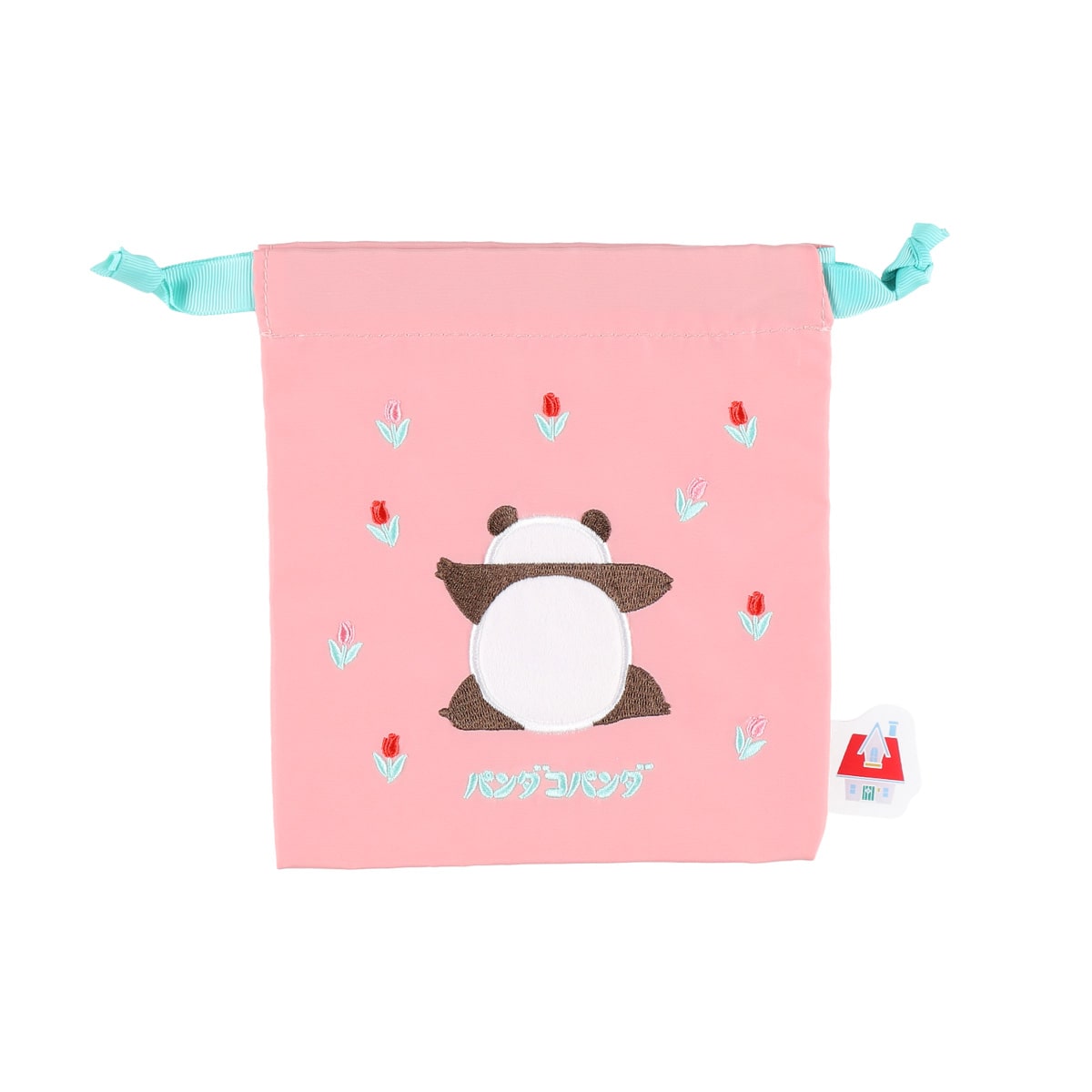 ¡Panda! Go, Panda! Bolsa bordada rosada con cordón