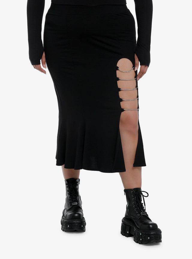 Falda midi sirena negra con cadena y abertura
