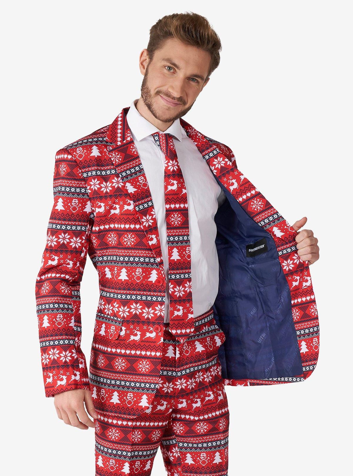 Traje navideño rojo con diseño pixel art