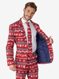 Traje navideño rojo con diseño pixel art