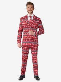 Traje navideño rojo con diseño pixel art