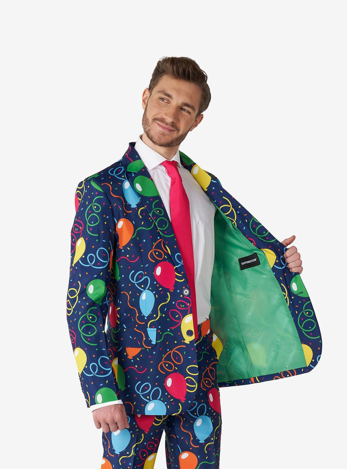 Traje azul marino con globos y confeti