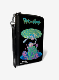 Billetera Rick and Morty con escena de batalla en el portal