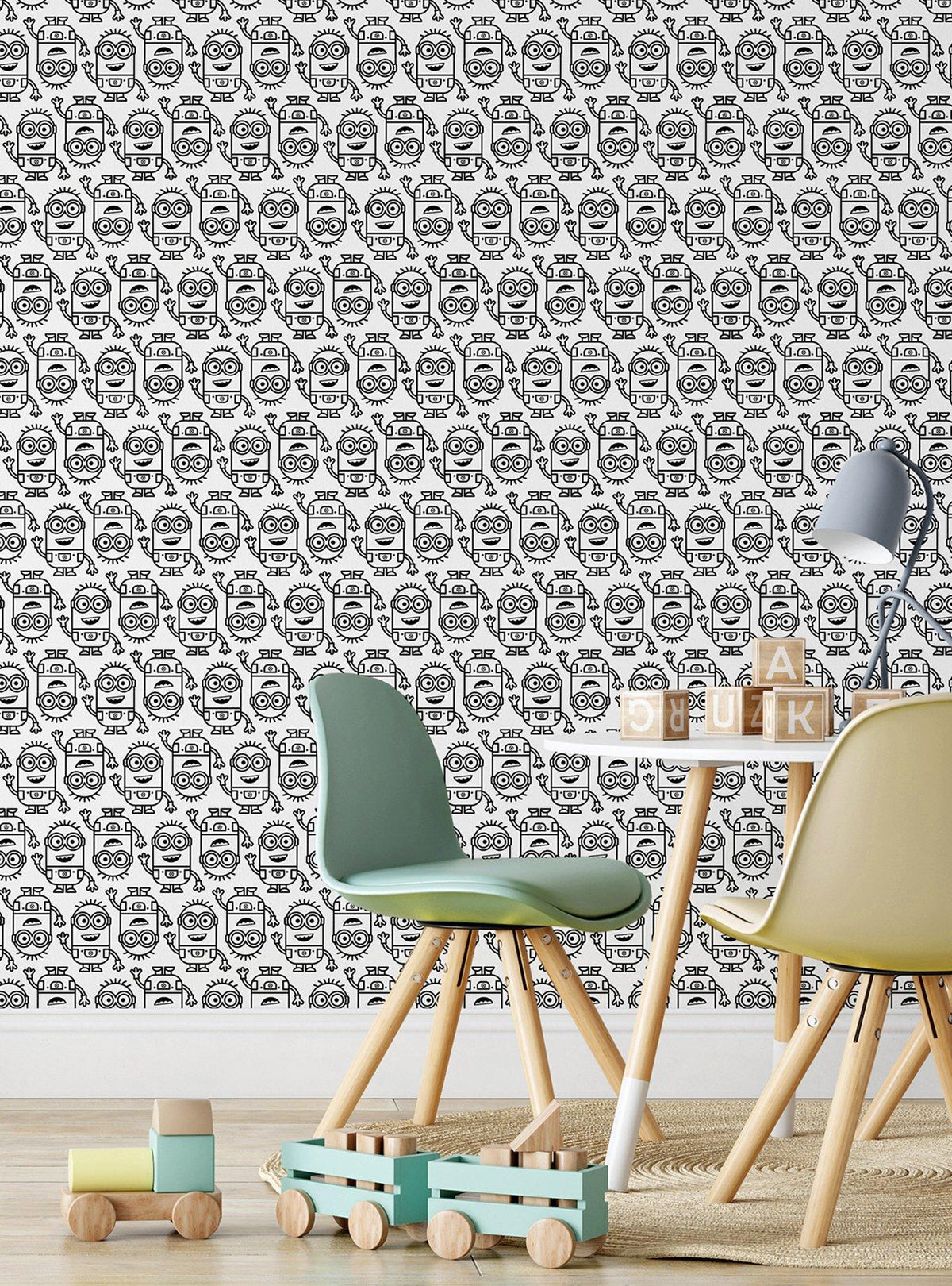 Papel mural autoadhesivo Minions, diseño lineal negro