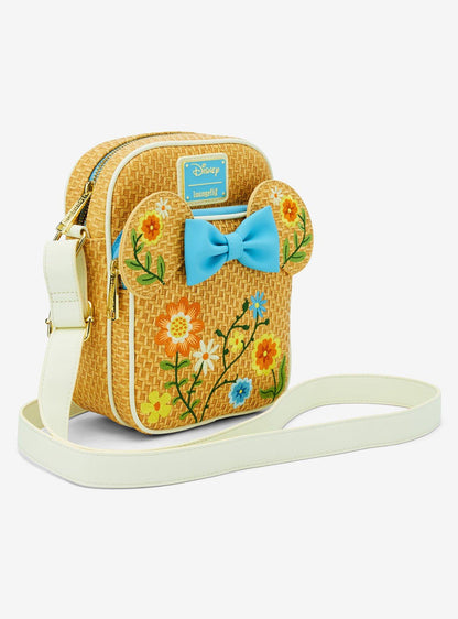 Cartera cruzada floral de Minnie Mouse estilo rafia