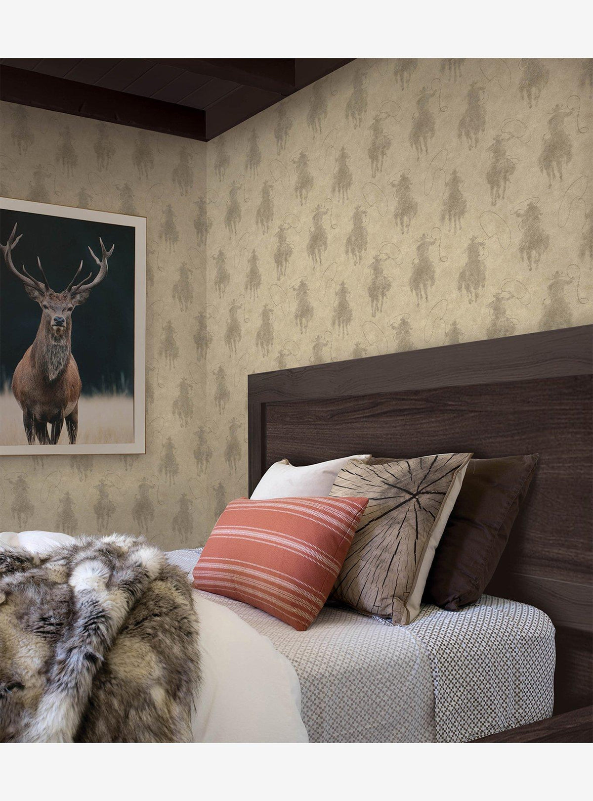 Yellowstone Papel mural autoadhesivo beige con silueta vaquera