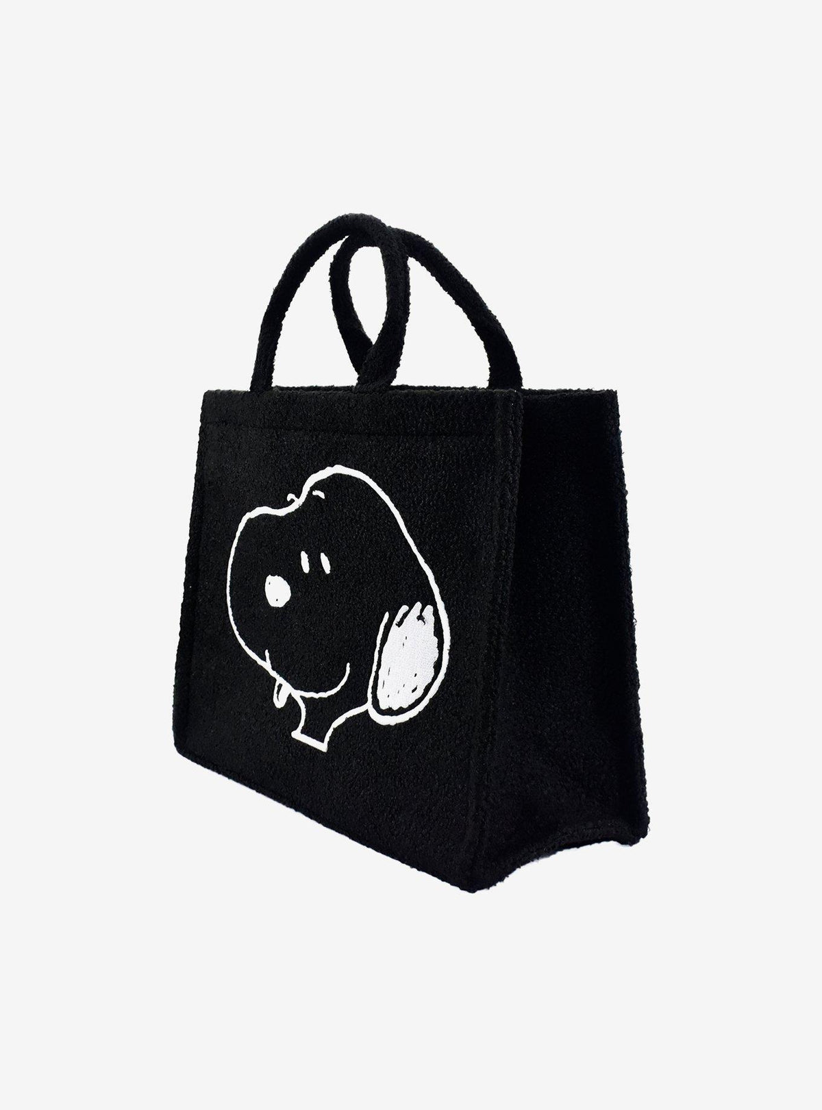 Bolso tote sherpa negro de Snoopy con correa para maleta