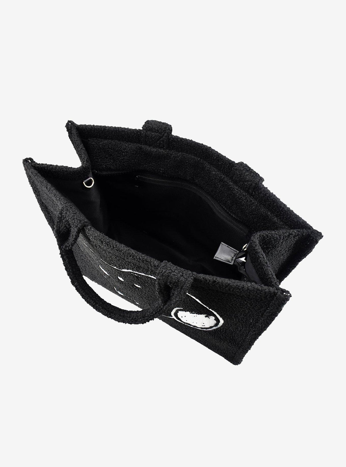 Bolso tote sherpa negro de Snoopy con correa para maleta