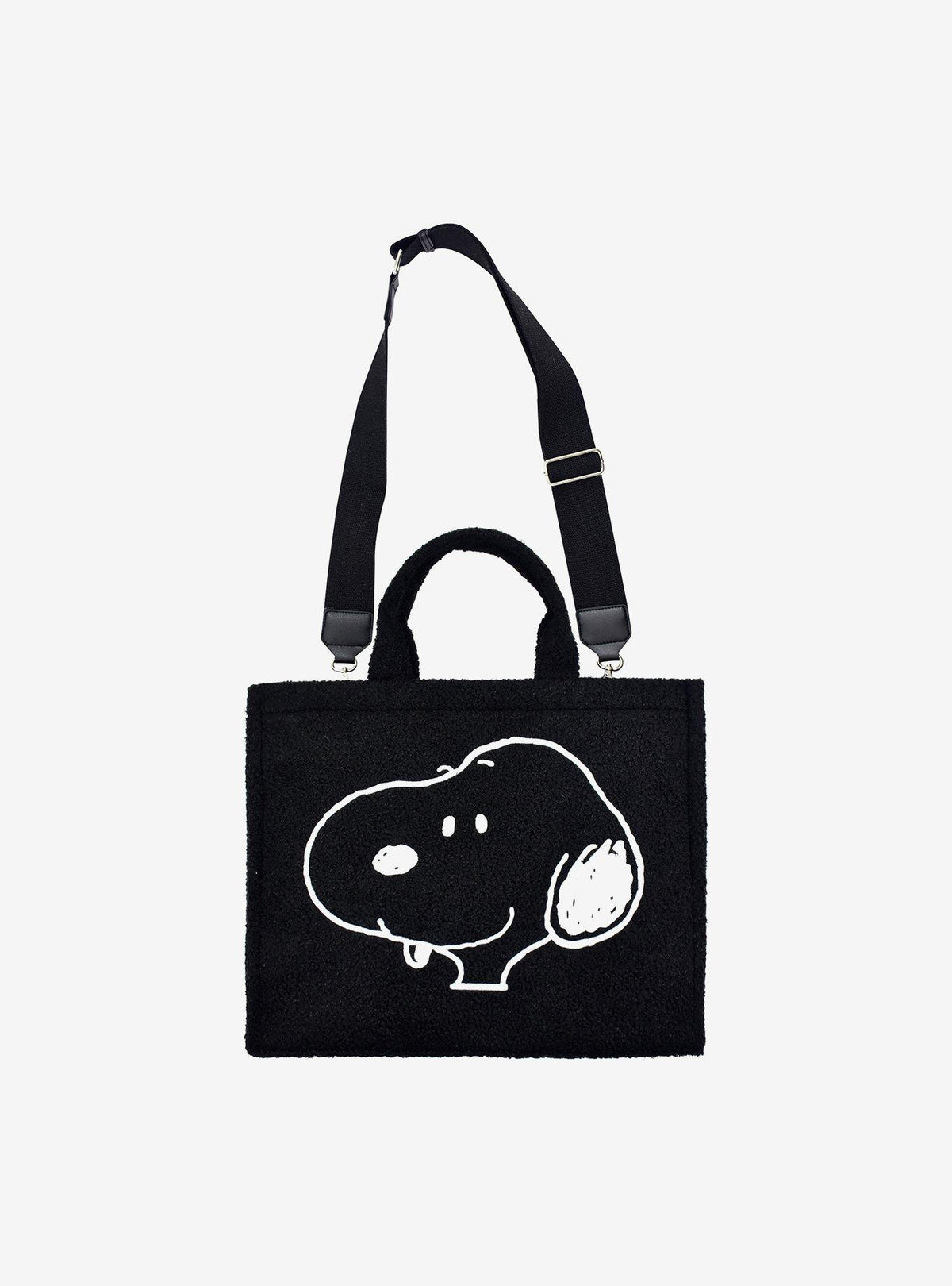 Bolso tote sherpa negro de Snoopy con correa para maleta