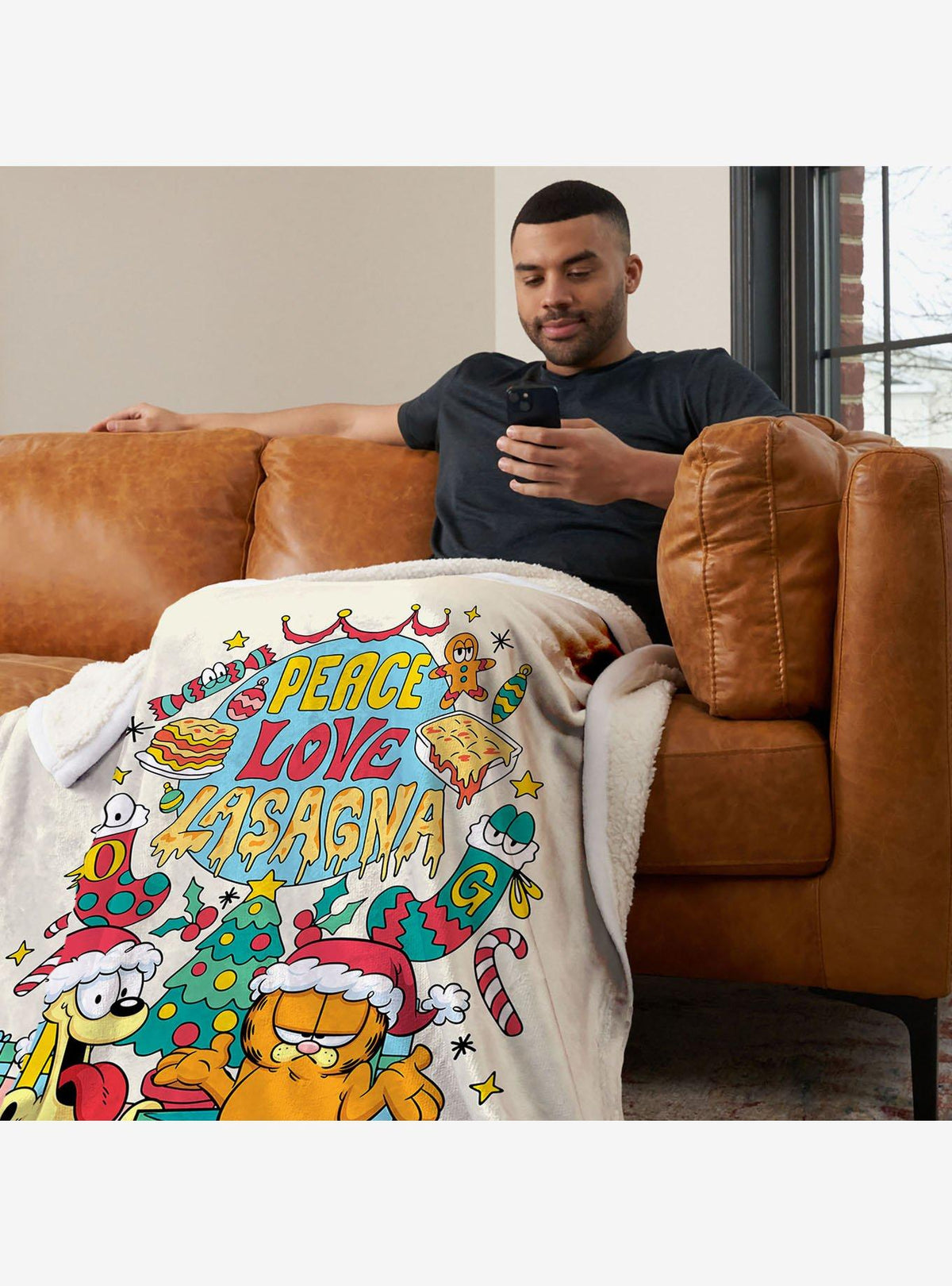 Manta Sherpa Garfield: Paz, amor y lasaña