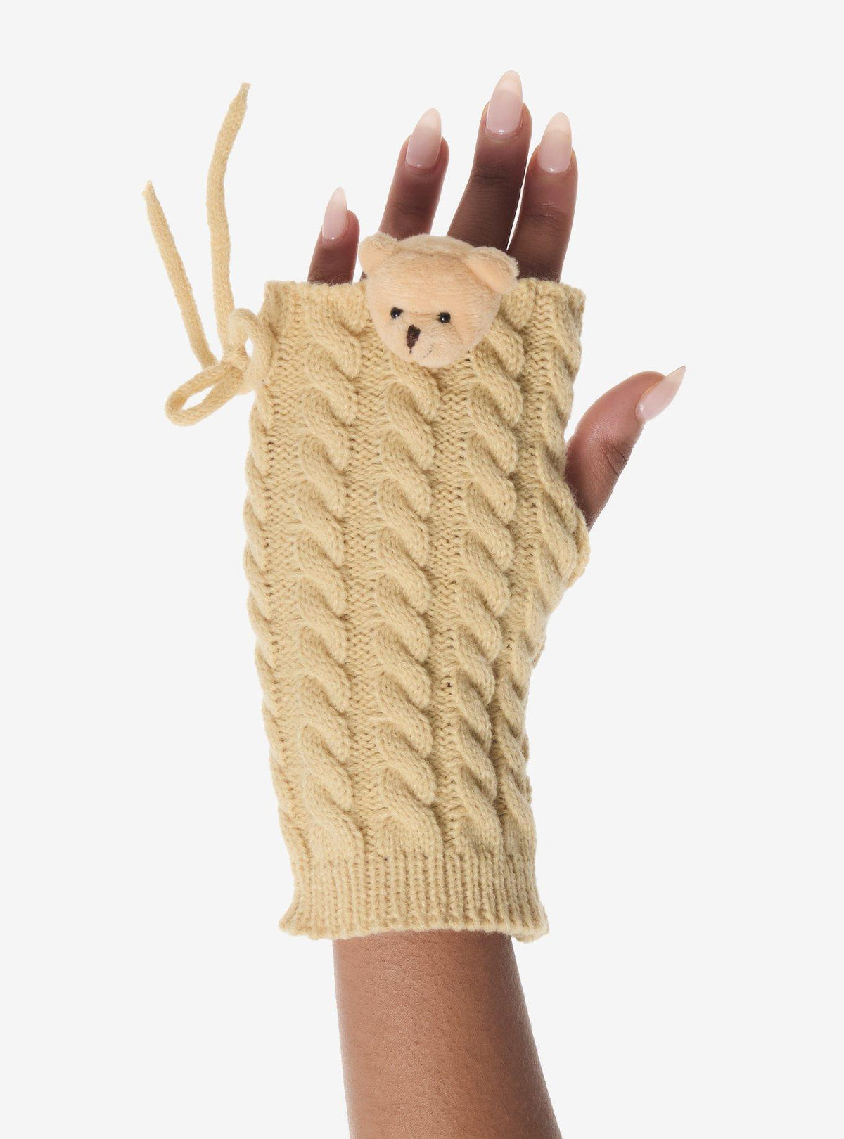 Guantes tejidos sin dedos con cabeza de osito 3D