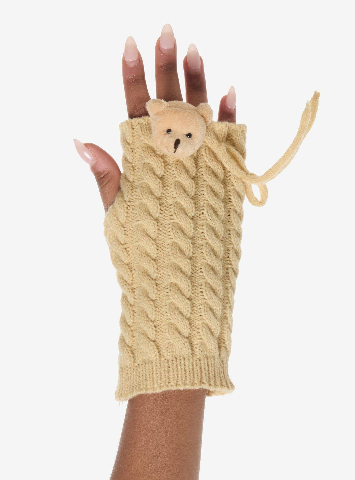 Guantes tejidos sin dedos con cabeza de osito 3D