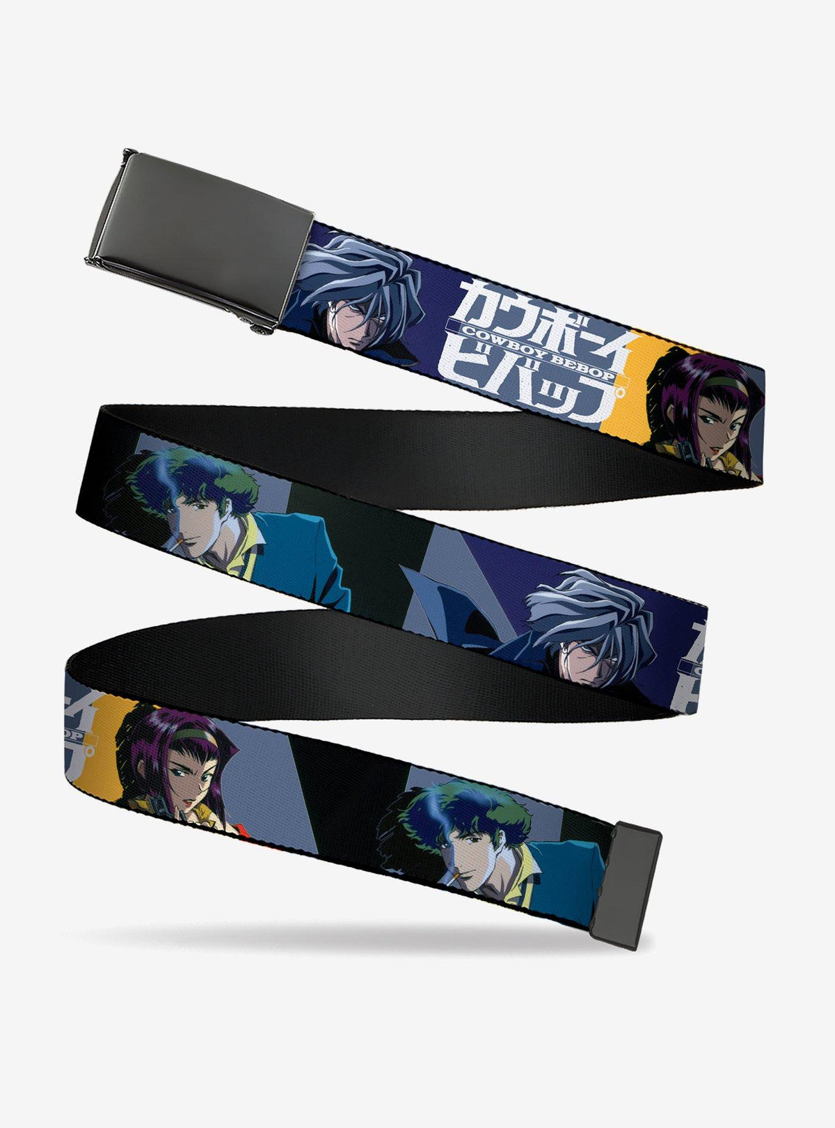Cinturón Cowboy Bebop azul y amarillo con Spike, Vicious y Faye