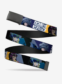Cinturón Cowboy Bebop azul y amarillo con Spike, Vicious y Faye