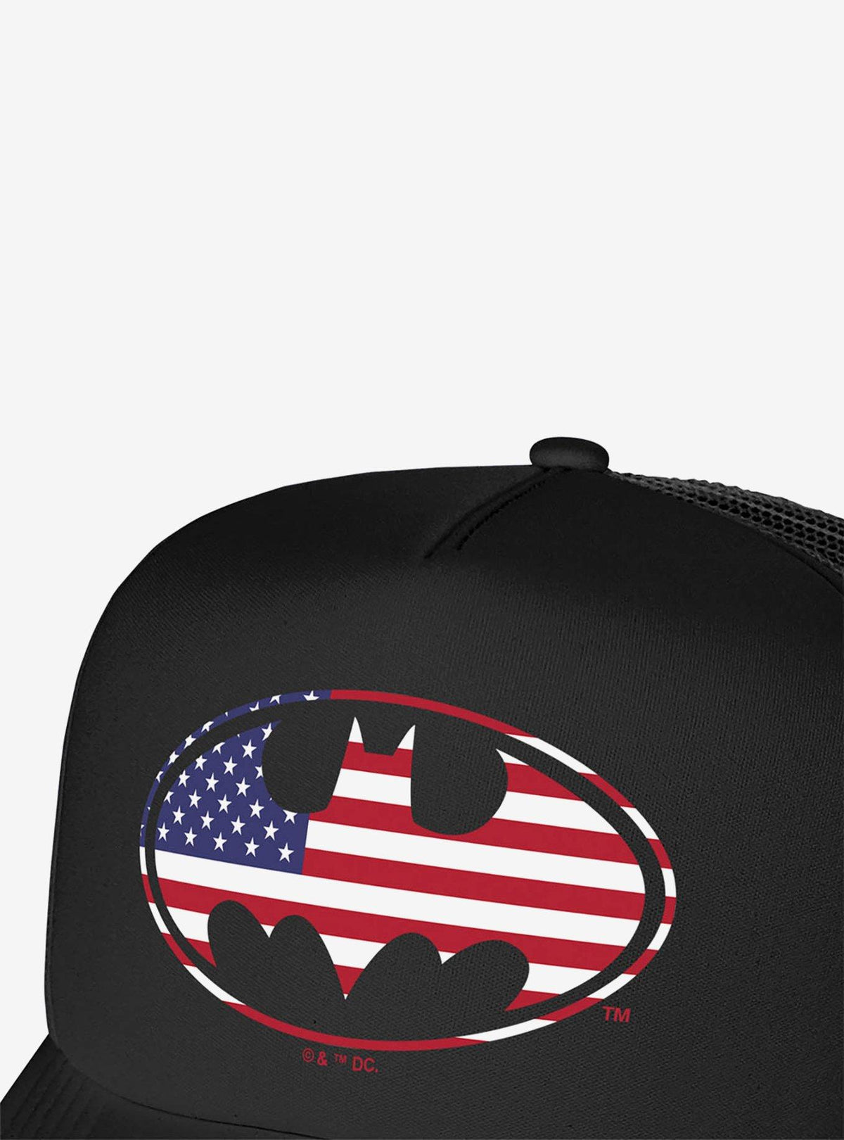 Jockey trucker Batman con escudo y bandera estadounidense