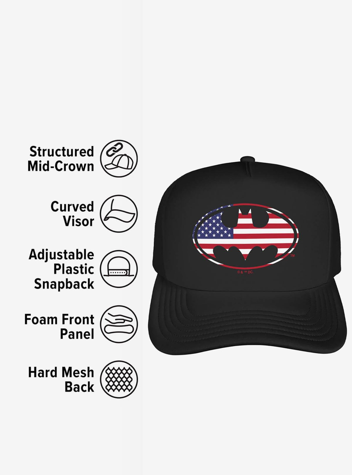 Jockey trucker Batman con escudo y bandera estadounidense
