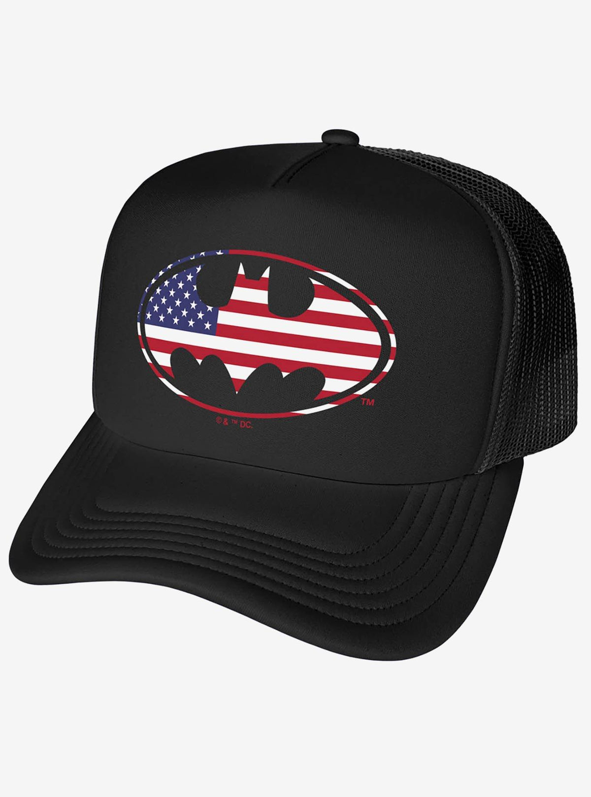 Jockey trucker Batman con escudo y bandera estadounidense