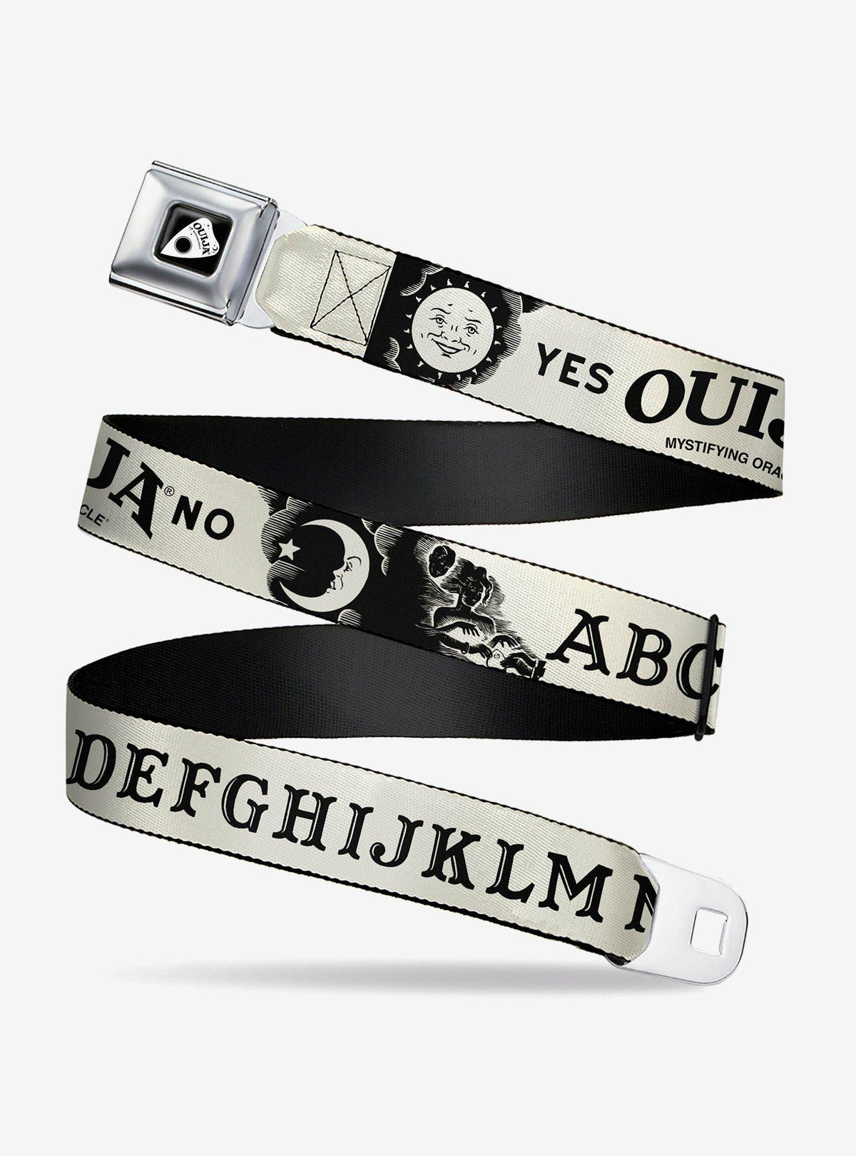Cinturón Ouija beige y negro con hebilla tipo cinturón de seguridad