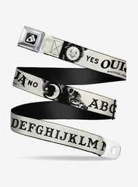 Cinturón Ouija beige y negro con hebilla tipo cinturón de seguridad
