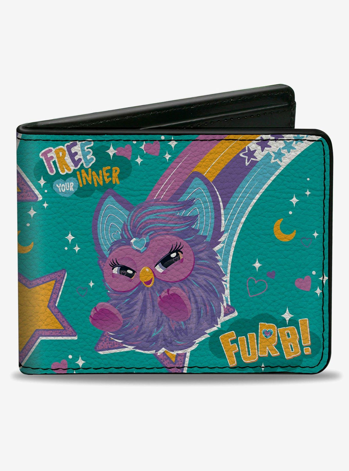 Billetera Furby morada con diseño arcoíris
