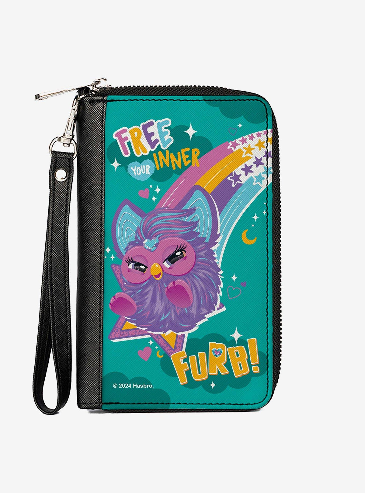 Billetera Furby morada con diseño arcoíris