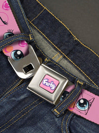 Cinturón Furby con diseño de ojos y hebilla tipo cinturón de seguridad