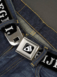 Cinturón Ouija blanco y negro con hebilla tipo cinturón de seguridad