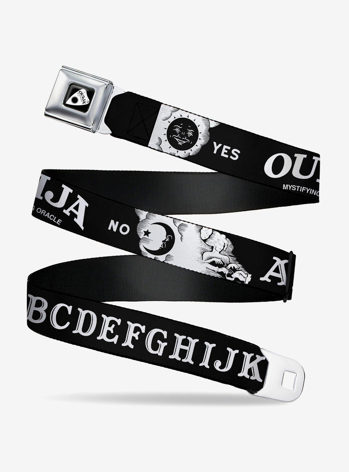 Cinturón Ouija blanco y negro con hebilla tipo cinturón de seguridad