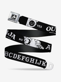 Cinturón Ouija blanco y negro con hebilla tipo cinturón de seguridad