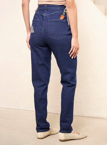 Jeans mom de tiro alto Winnie the Pooh bordados