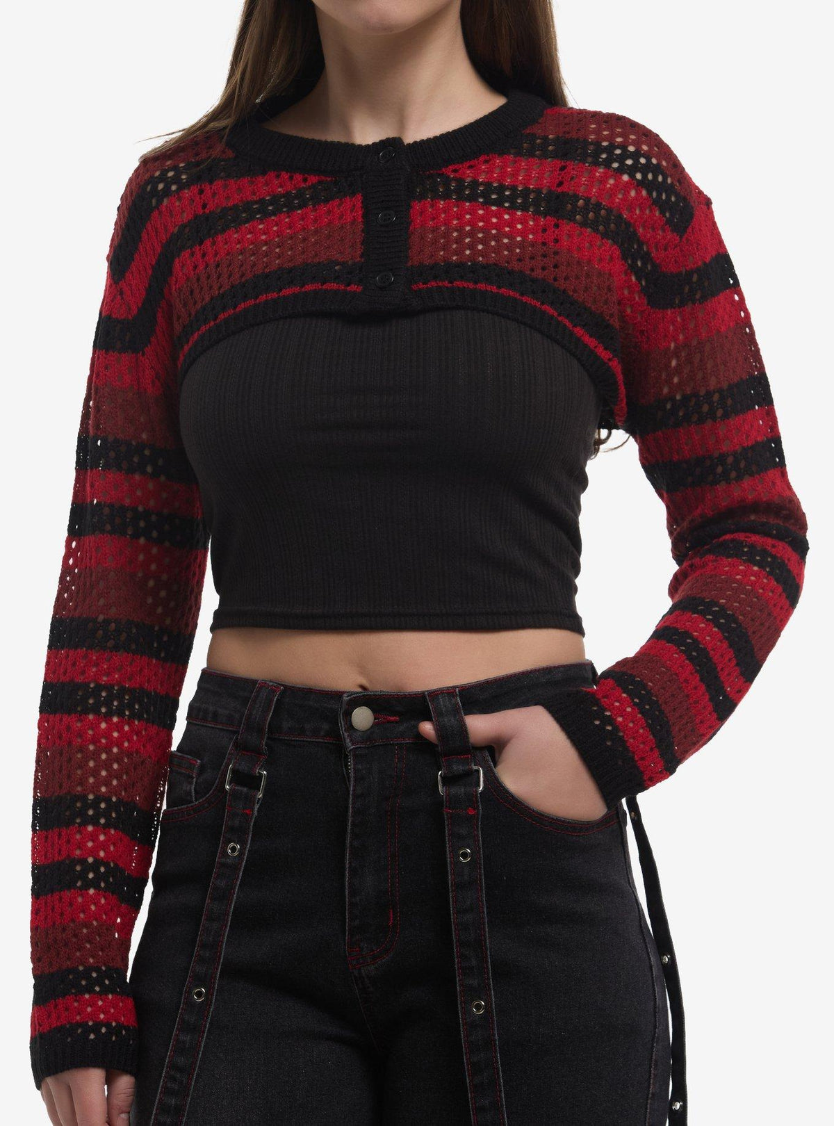 Bolero tejido de rayas negras y rojas para niñas