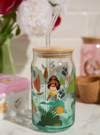 Vaso de vidrio de Moana con tapa y bombilla
