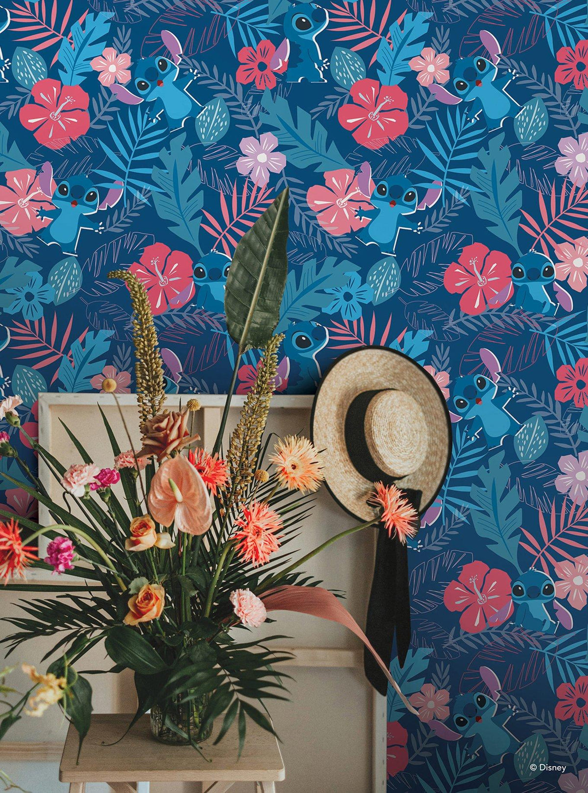 Papel mural autoadhesivo Stitch Flores Tropicales Azul
