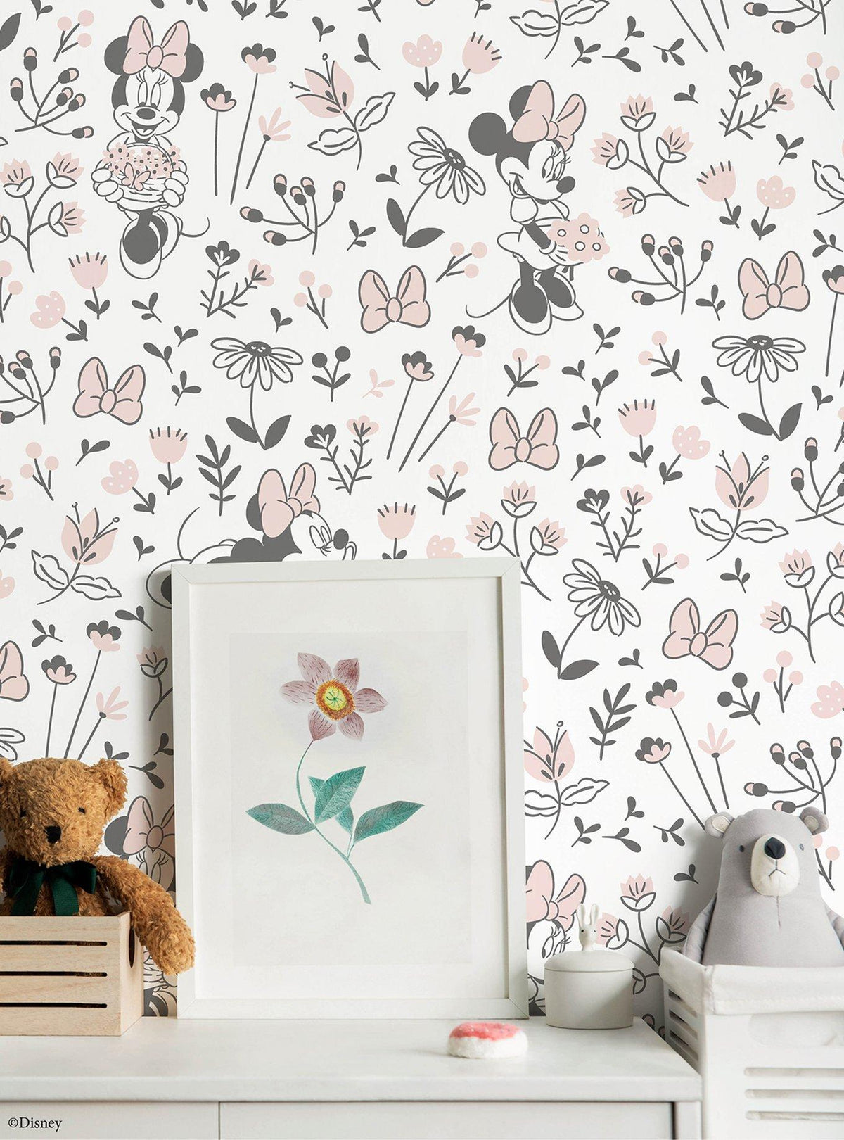 Papel mural autoadhesivo Minnie Mouse, flores en blanco y negro